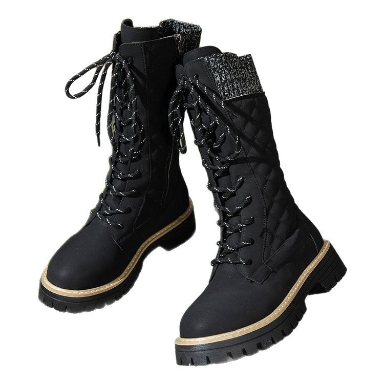 Check The Color-matched Front-lace-up Thick-heeled Martin Boots