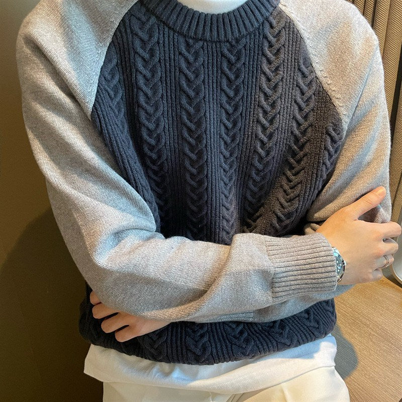 Round Neck Pullover Thickened Color-blocked Cable Knit Casual Men's Sweater