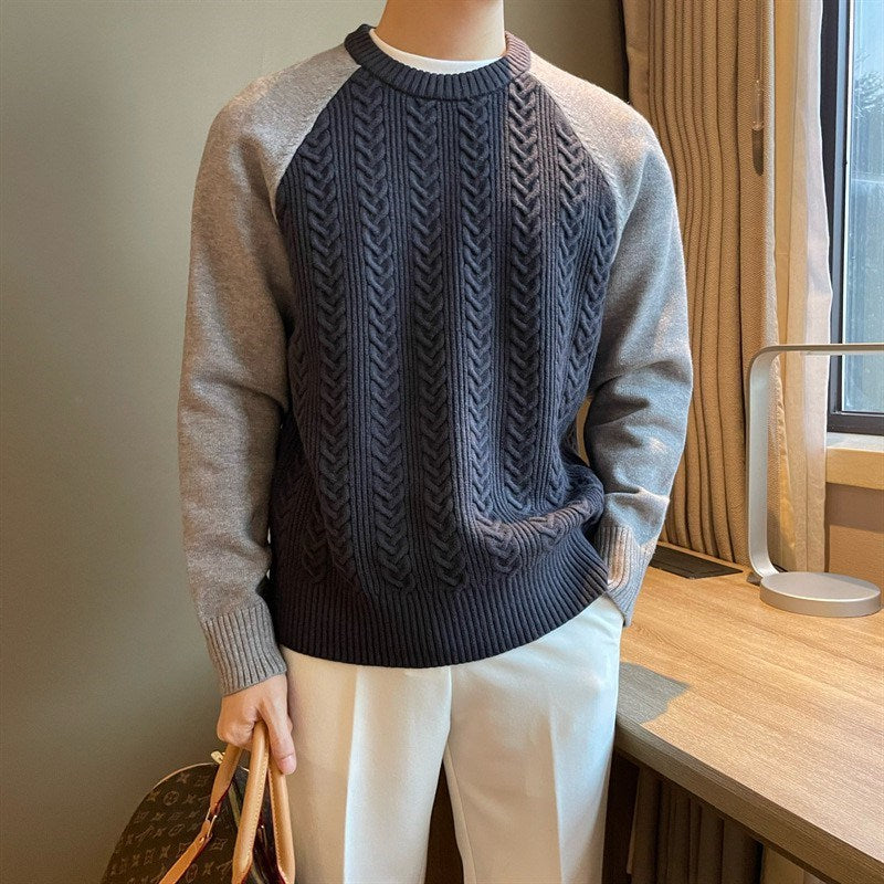 Round Neck Pullover Thickened Color-blocked Cable Knit Casual Men's Sweater