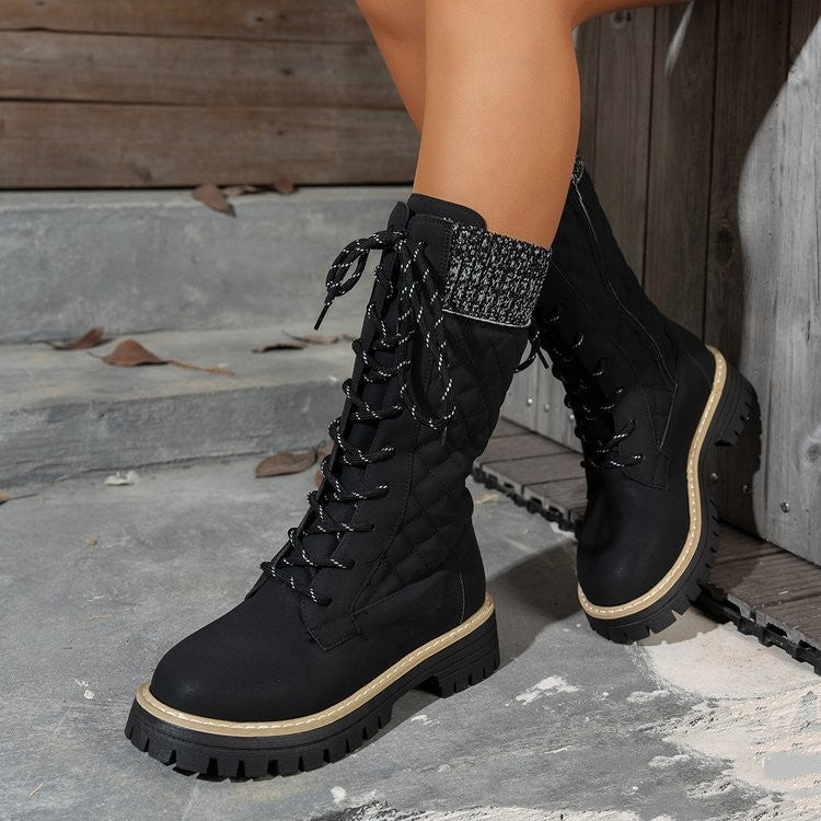 Check The Color-matched Front-lace-up Thick-heeled Martin Boots