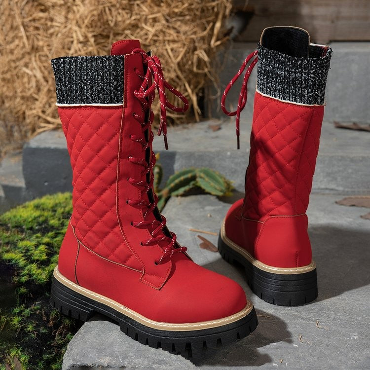 Check The Color-matched Front-lace-up Thick-heeled Martin Boots