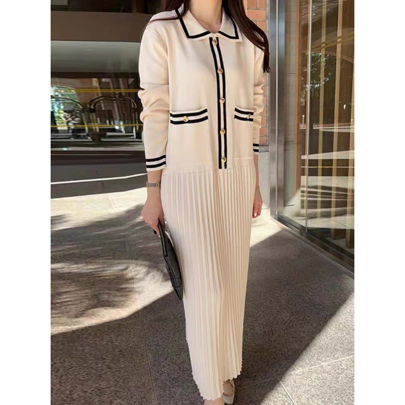 Women's Loose-fit Retro Knitted Dress With Turn-down Collar And Contrasting Colors