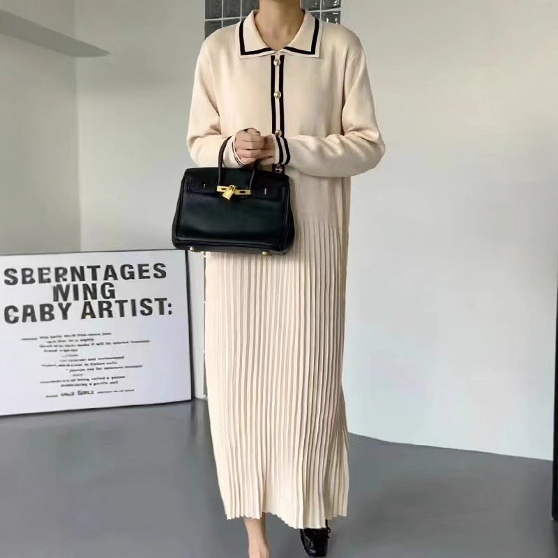 Women's Loose-fit Retro Knitted Dress With Turn-down Collar And Contrasting Colors