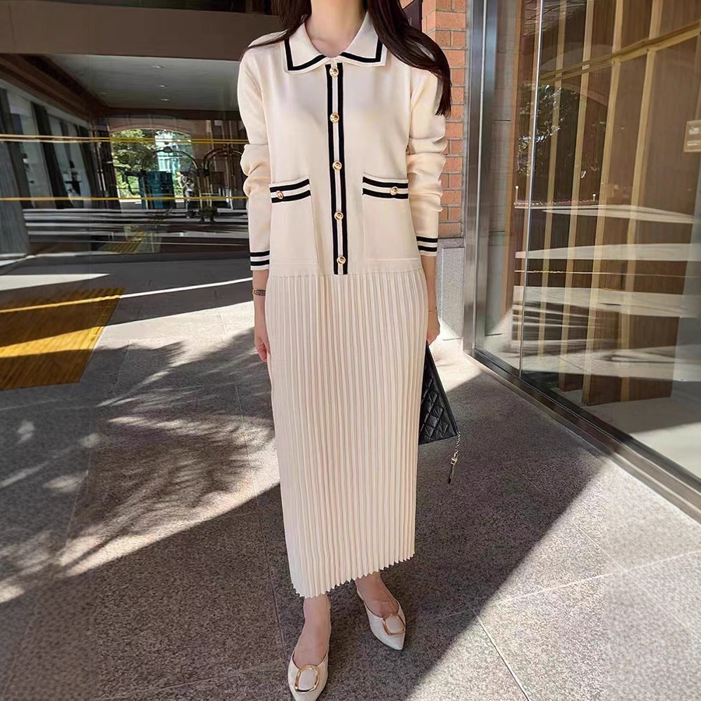 Women's Loose-fit Retro Knitted Dress With Turn-down Collar And Contrasting Colors