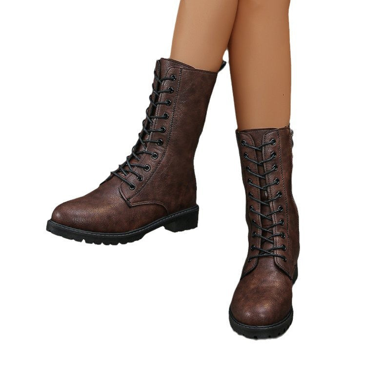 Flat Mid-calf Lace-up Boots For Women