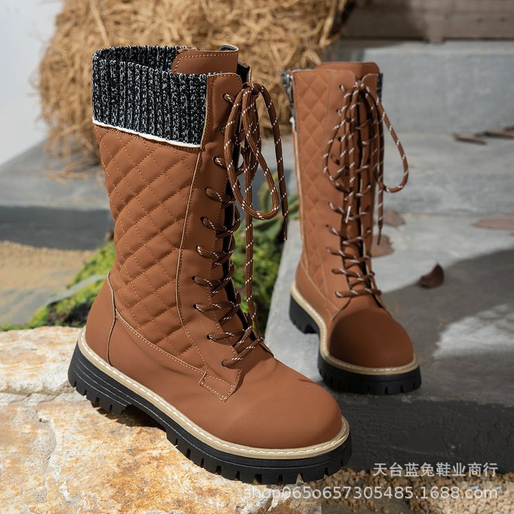 Check The Color-matched Front-lace-up Thick-heeled Martin Boots