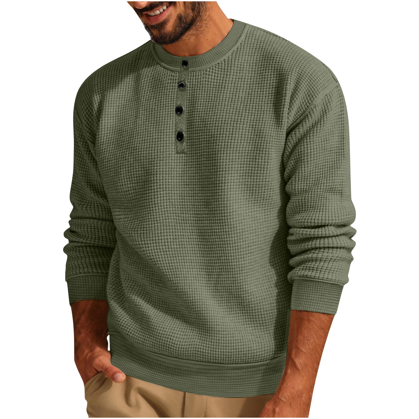 Solid Color Loose Casual Round Neck Long Sleeve Waffle Henley Shirt