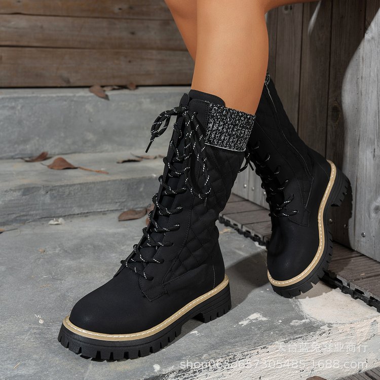 Check The Color-matched Front-lace-up Thick-heeled Martin Boots