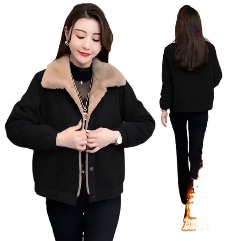 Corduroy Loose Fleece-lined Warm Jacket For Women