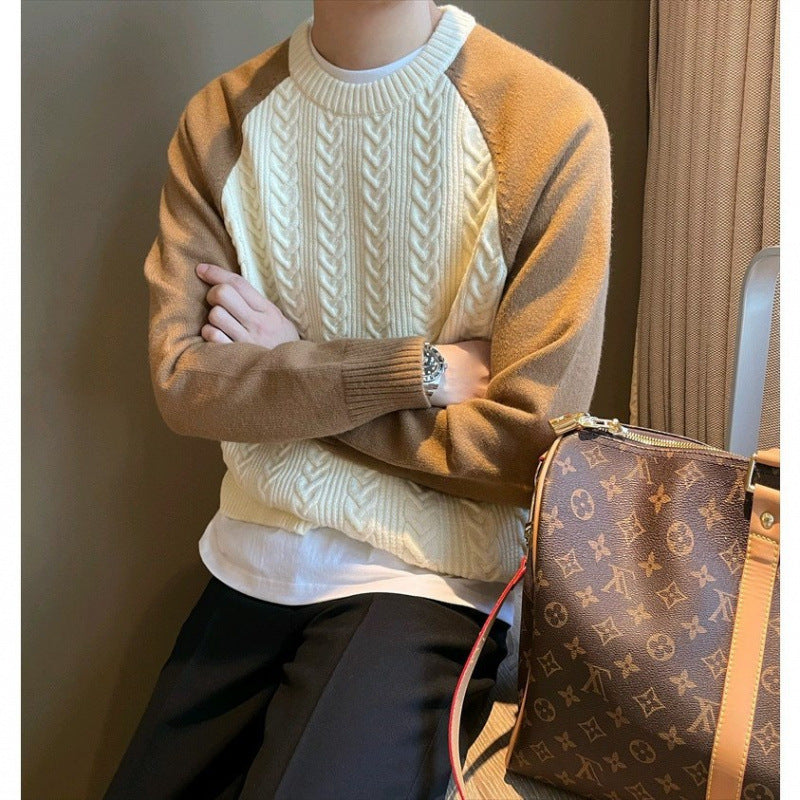 Round Neck Pullover Thickened Color-blocked Cable Knit Casual Men's Sweater